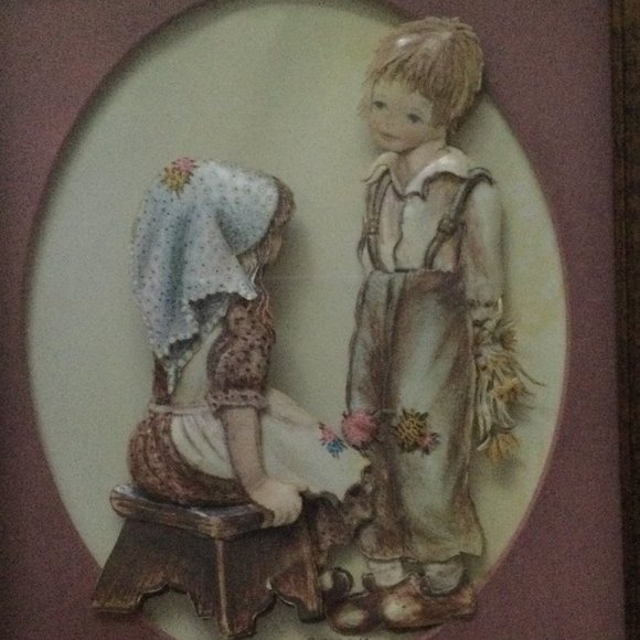 Vintage Paper Tole 3D paper cut paper art two girls signed framed ba - Picture 1 of 3
